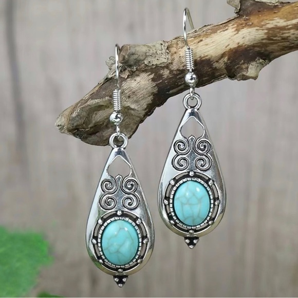 Boho Western Dangle Drop Earrings Native American Turquoise Vintage Silver Style - Picture 3 of 16